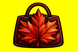 A small illustrated red-orange maple leaf handbag icon on a solid bright yellow background.